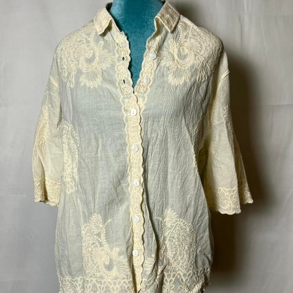 Boho Coastal Grandmother Spiaggia Dolce Ivory Embroidered Cotton Top M‎